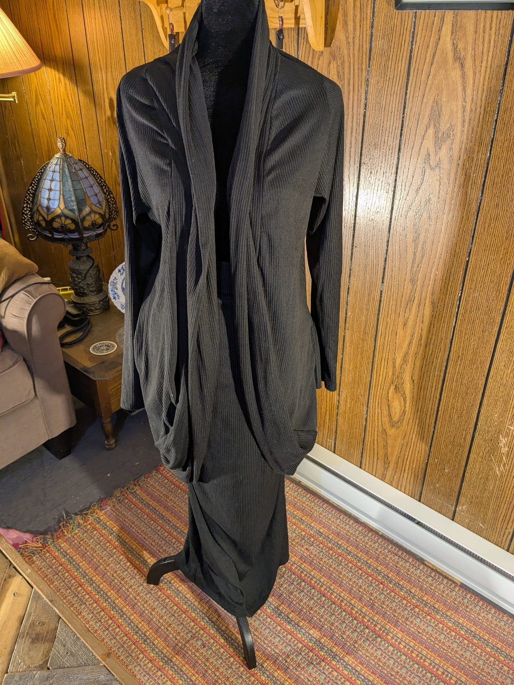 Black Draped Ribbed Knit Cardigan and Skirt Set